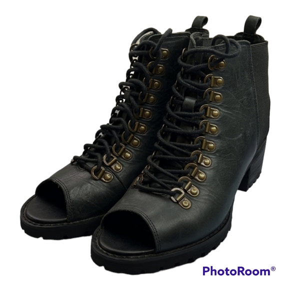 VON Dutch Shotgun Leather Heeled Boots Lace-Up Open-Toe Bootie Black 7M - Picture 1 of 15